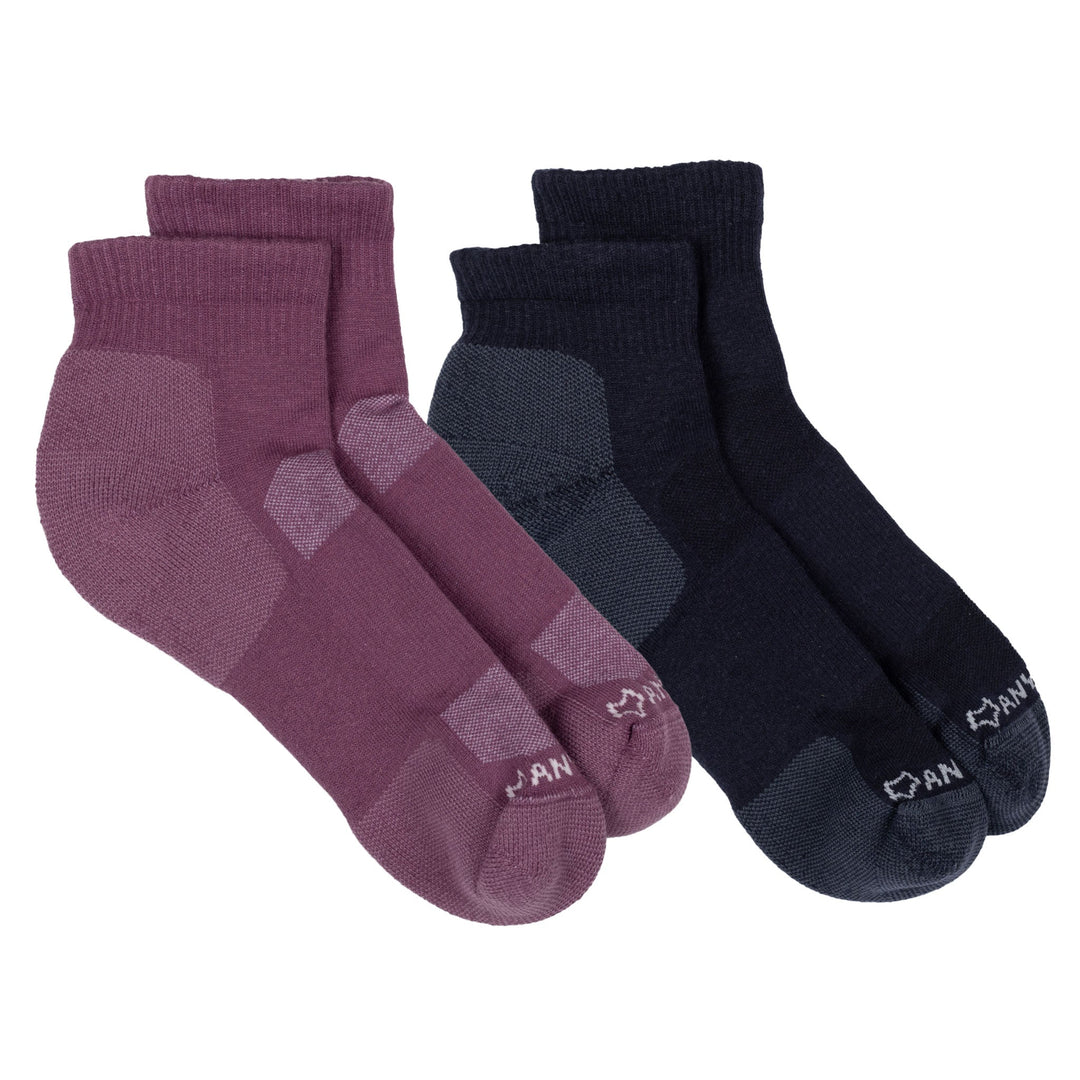 Anywear Essential Lightweight Quarter Crew Sock - 2 Pack Plum/Navy S/M - Fox River